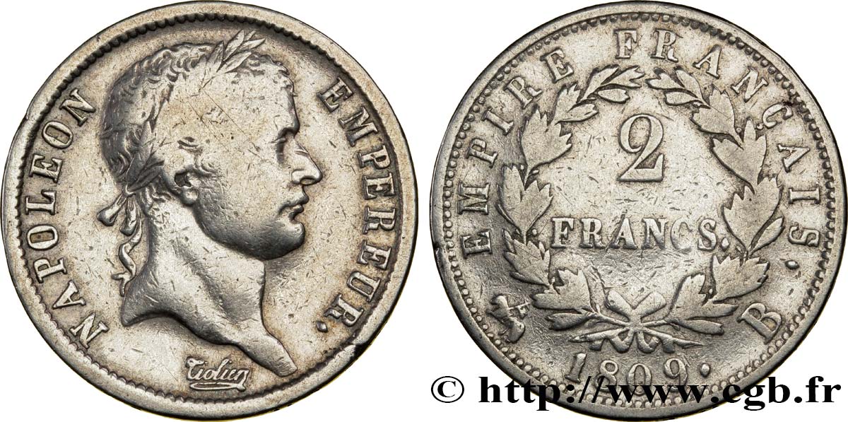 2 francs Napoléon Ier tête laurée, Empire français 1809 Rouen F.255/2 TB18 