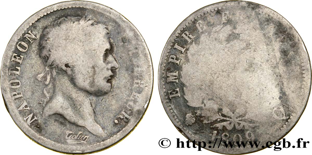 2 francs Napoléon Ier tête laurée, Empire français 1809 Perpignan F.255/7 AB5 