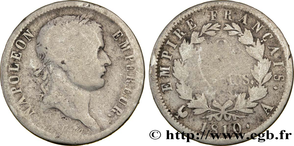 2 francs Napoléon Ier tête laurée, Empire français 1810 Paris F.255/10 VG8 