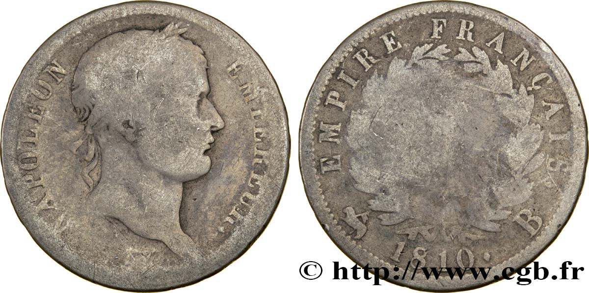 2 francs Napoléon Ier tête laurée, Empire français 1810 Rouen F.255/11 B6 