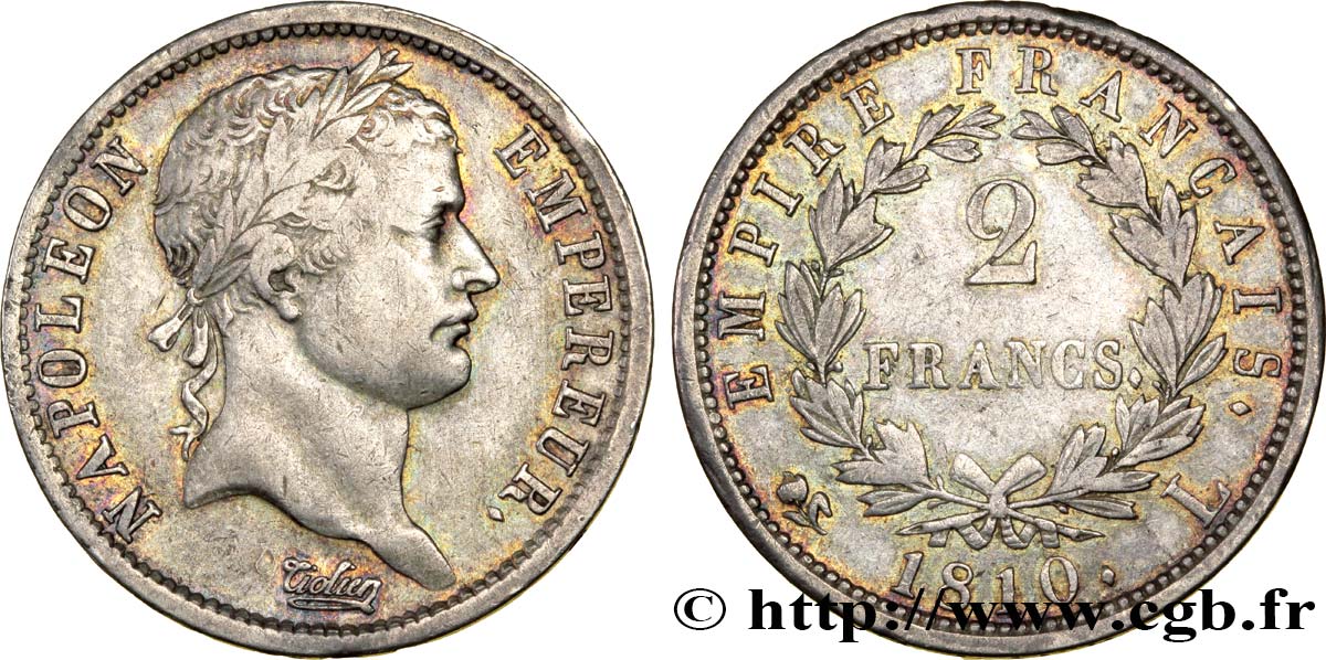 2 francs Napoléon Ier tête laurée, Empire français 1810 Bayonne F.255/17 SS40 
