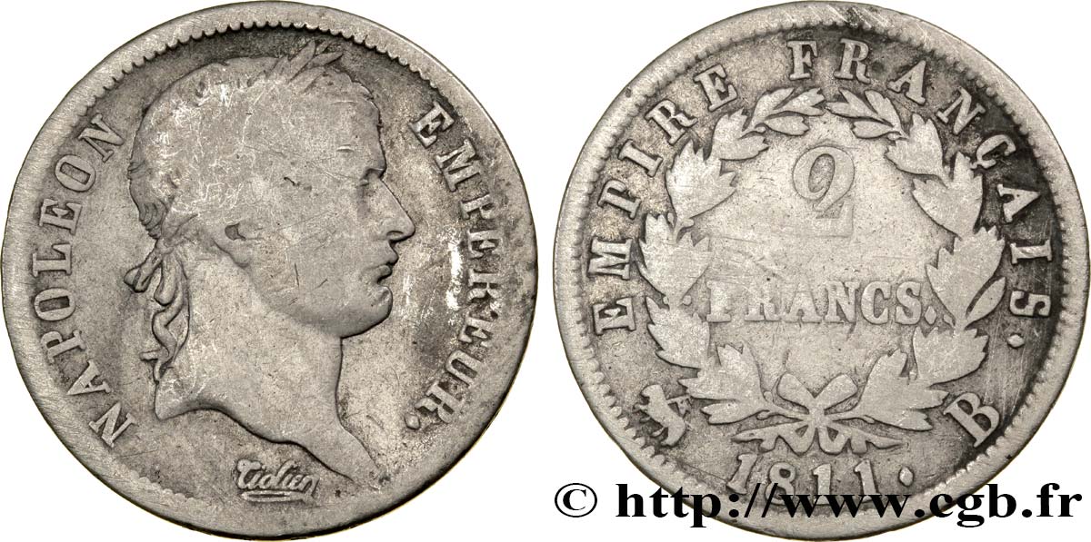 2 francs Napoléon Ier tête laurée, Empire français 1811 Rouen F.255/25 TB18 