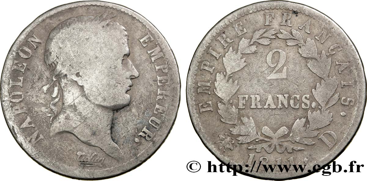 2 francs Napoléon Ier tête laurée, Empire français 1811 Lyon F.255/27 B12 