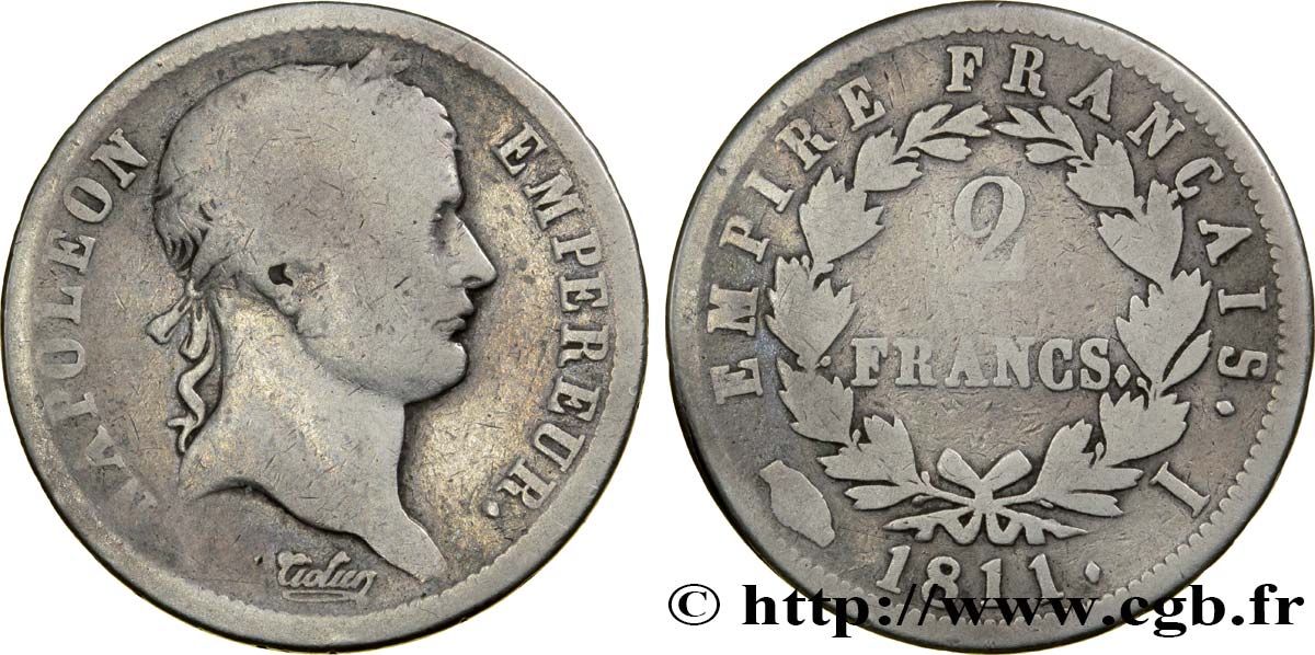 2 francs Napoléon Ier tête laurée, Empire français 1811 Limoges F.255/29 RC10 