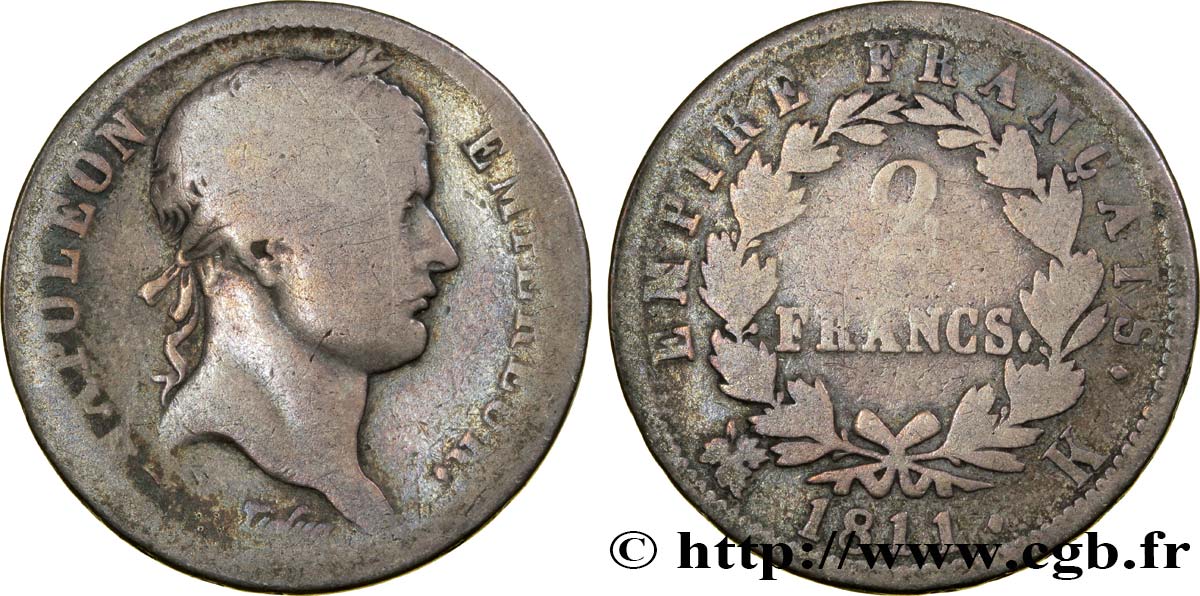 2 francs Napoléon Ier tête laurée, Empire français 1811 Bordeaux F.255/30 VG8 