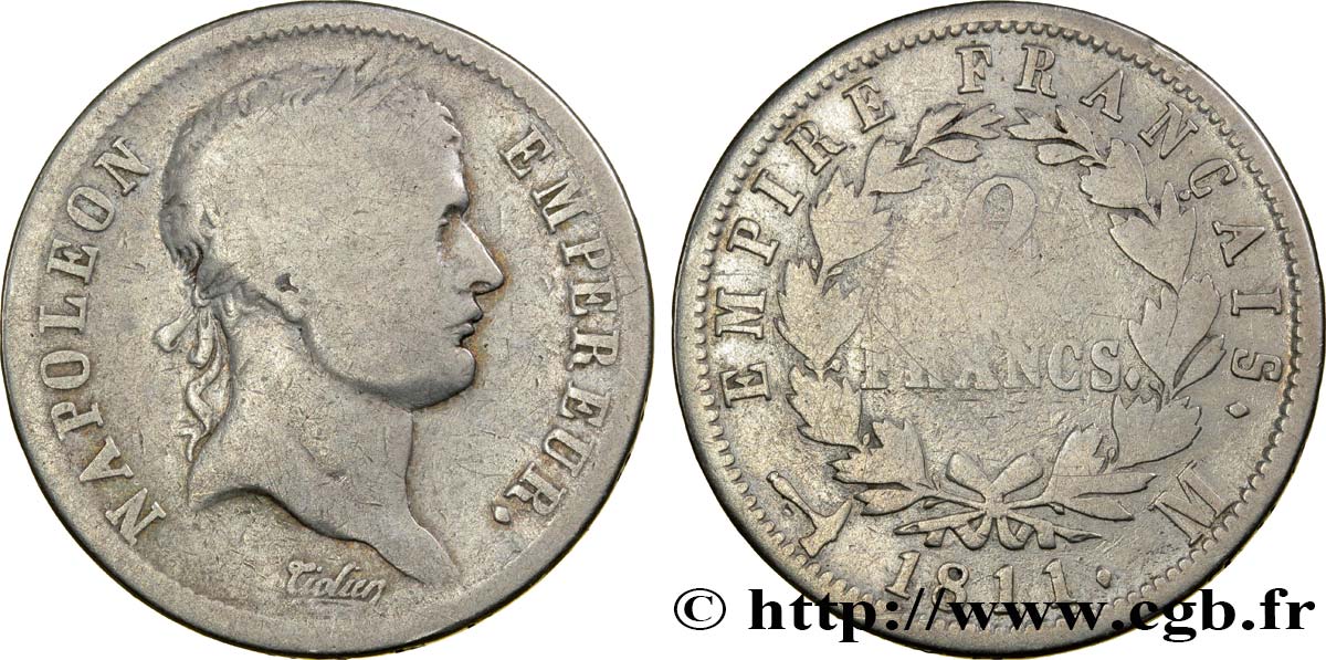 2 francs Napoléon Ier tête laurée, Empire français 1811 Toulouse F.255/32 RC14 