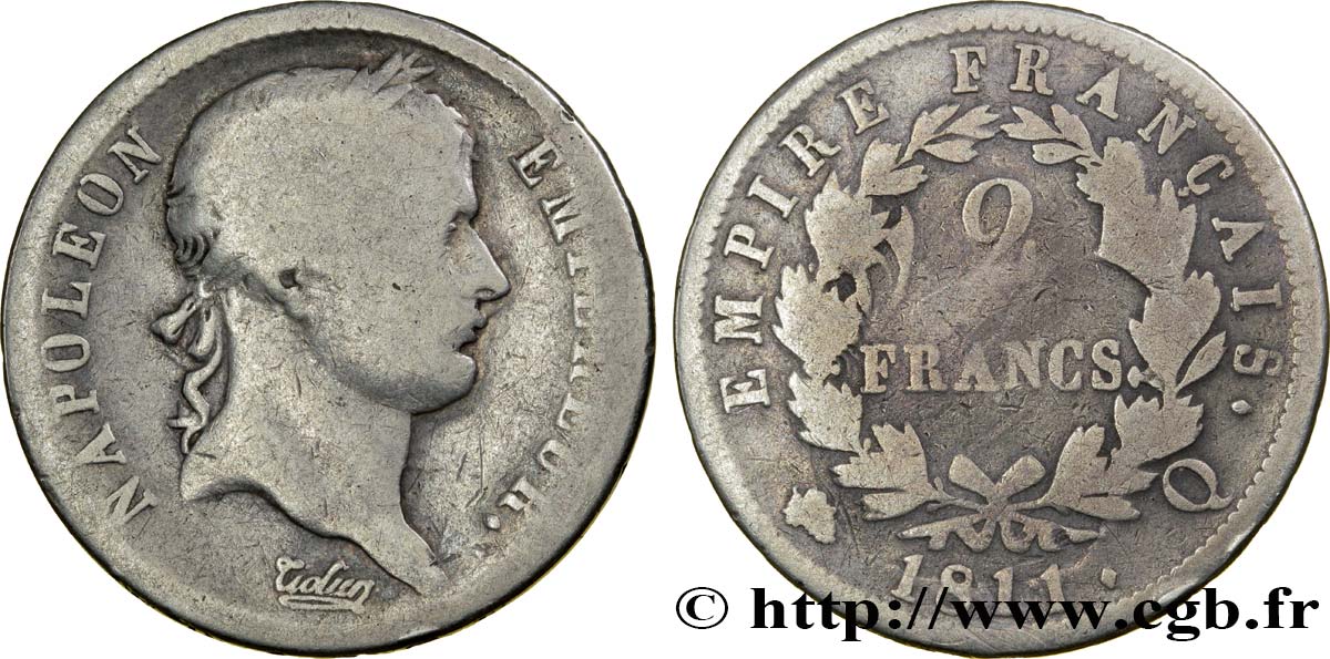 2 francs Napoléon Ier tête laurée, Empire français 1811 Perpignan F.255/34 B10 