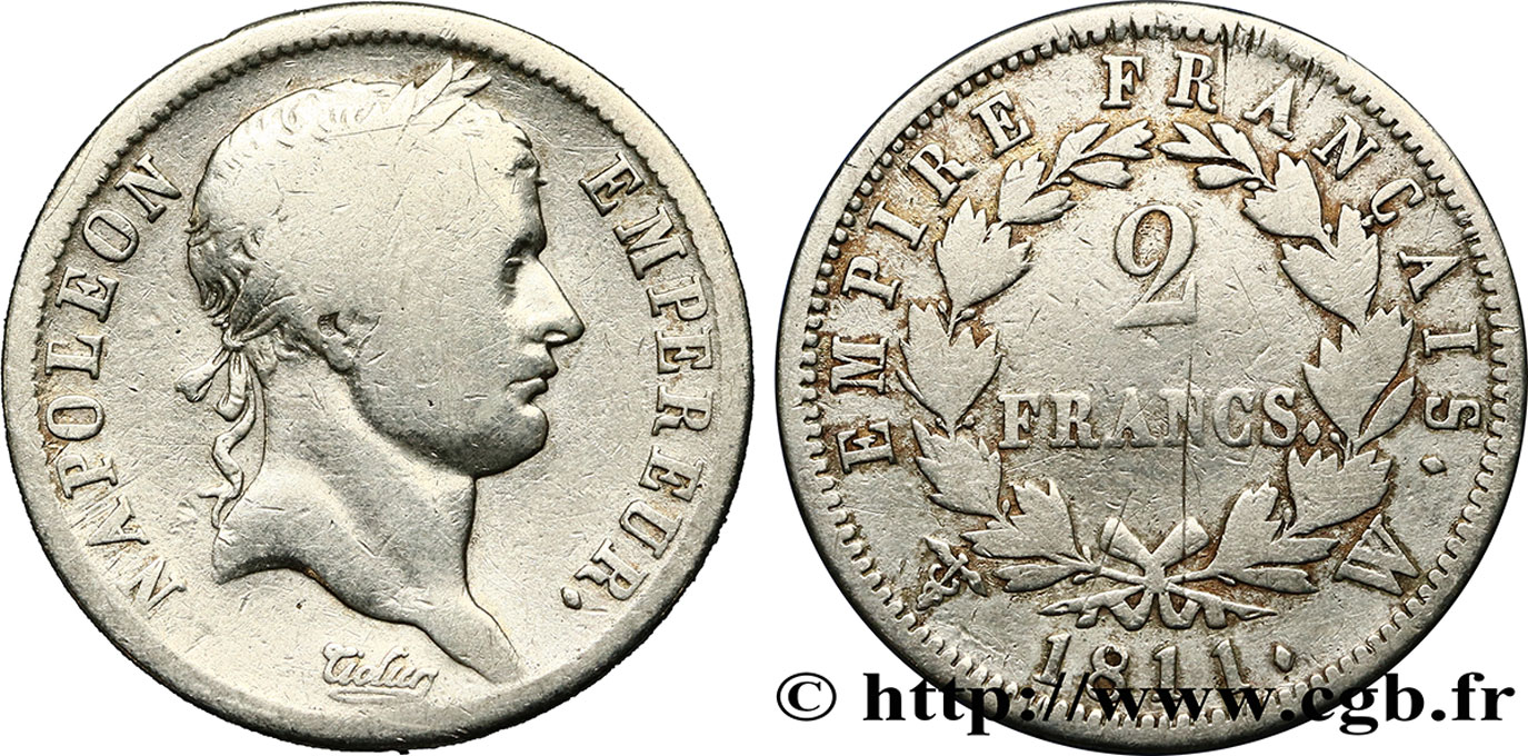 2 francs Napoléon Ier tête laurée, Empire français 1811 Lille F.255/37 MB15 