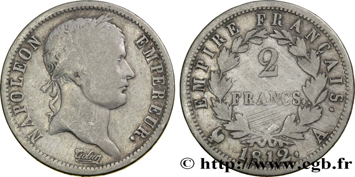 2 francs Napoléon Ier tête laurée, Empire français 1812 Paris F.255/38 S18 