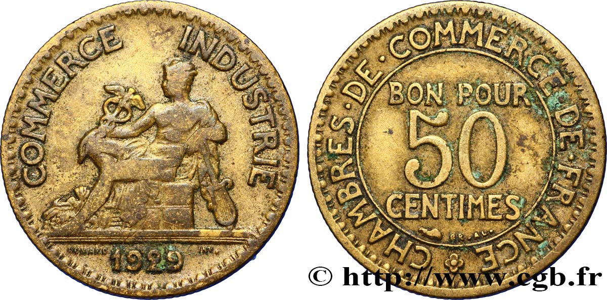 50 centimes Chambres de Commerce 1929 Paris F.191/11 VF20 