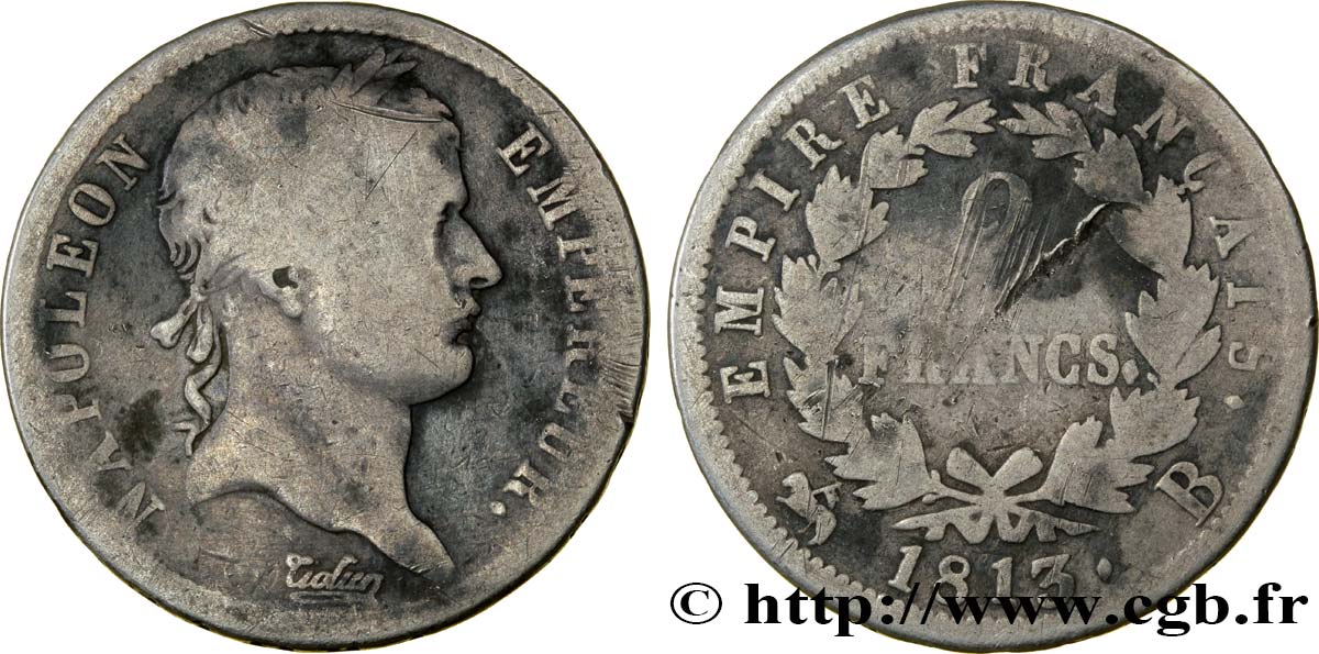 2 francs Napoléon Ier tête laurée, Empire français 1813 Rouen F.255/53 B10 