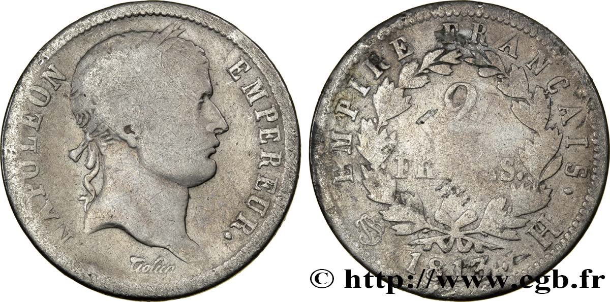 2 francs Napoléon Ier tête laurée, Empire français 1813 La Rochelle F.255/56 B10 