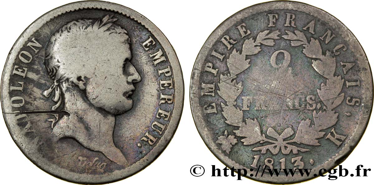 2 francs Napoléon Ier tête laurée, Empire français 1813 Bordeaux F.255/58 RC10 