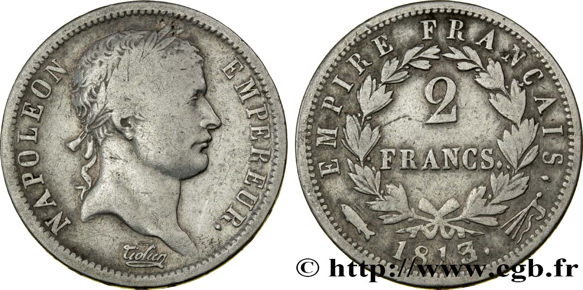 2 francs Napoléon Ier tête laurée, Empire français 1813 Utrecht F.255/64 B12 