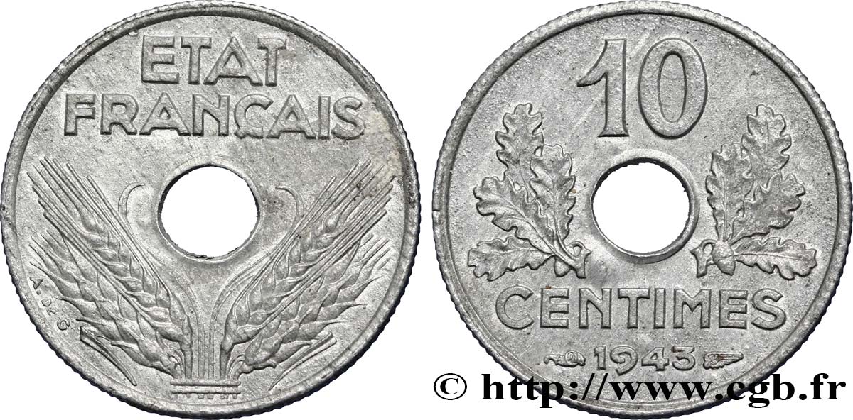 10 centimes État français, petit module 1943  F.142/2 EBC58 