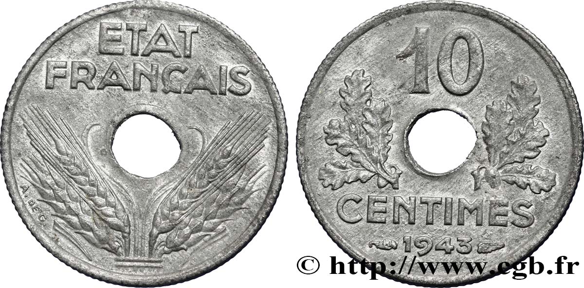 10 centimes État français, petit module 1943  F.142/2 SPL55 