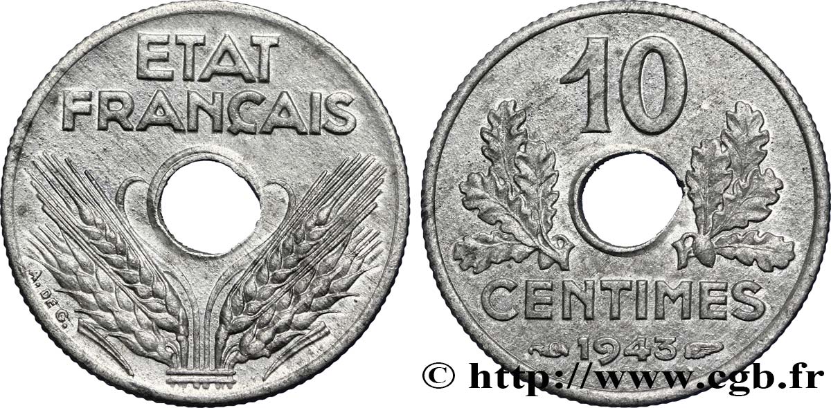 10 centimes État français, petit module 1943  F.142/2 SUP55 