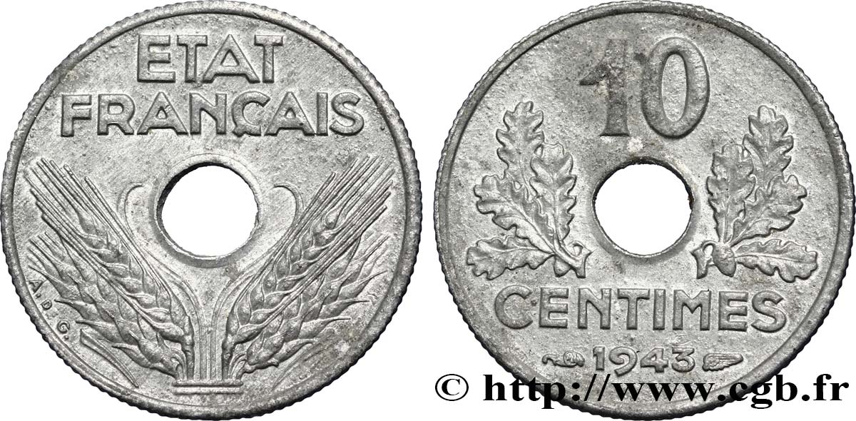 10 centimes État français, petit module 1943  F.142/2 VZ55 