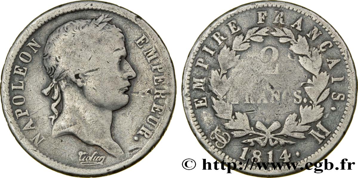 2 francs Napoléon Ier tête laurée, Empire français 1814 Toulouse F.255/68 B12 