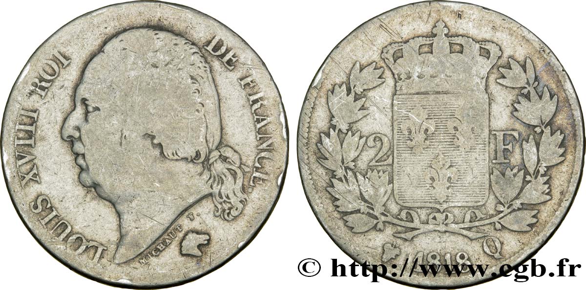 2 francs Louis XVIII 1818 Perpignan F.257/21 VG10 