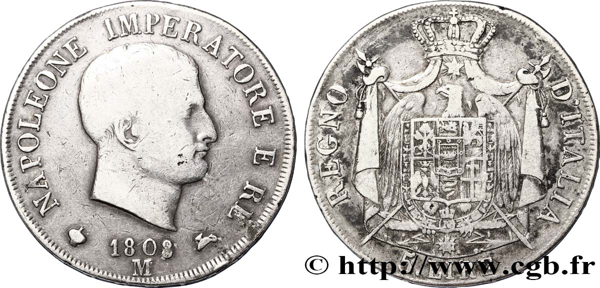 5 lire Napoléon Empereur et Roi d’Italie, 1er type, tranche en relief 1808 Milan M.218  MB20 