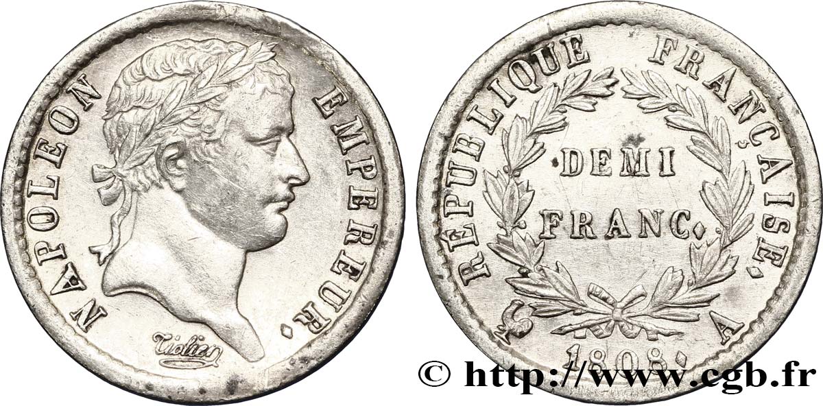 Demi-franc Napoléon Ier tête laurée, République française 1808 Paris F.177/2 BB50 