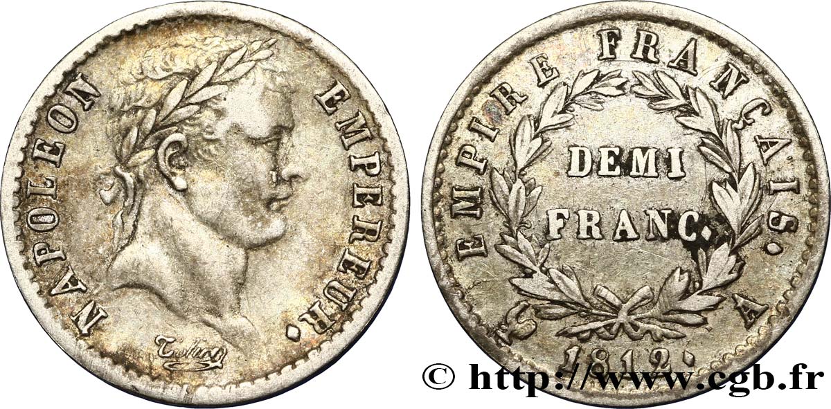 Demi-franc Napoléon Ier tête laurée, Empire français 1812 Paris F.178/35 MBC54 