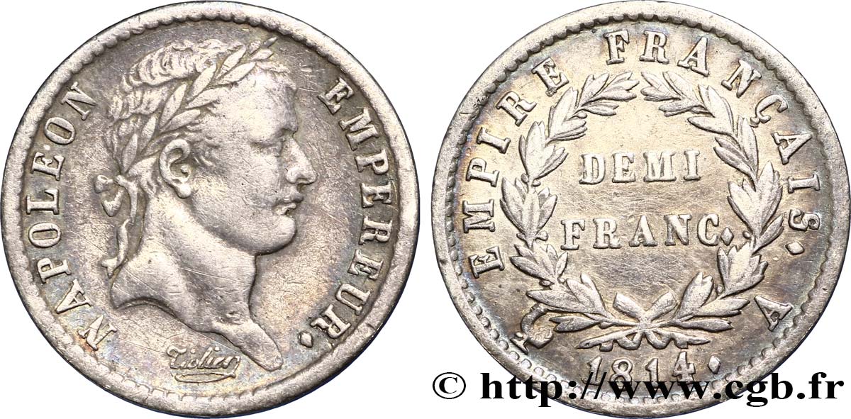 Demi-franc Napoléon Ier tête laurée, Empire français 1814 Paris F.178/63 MBC50 
