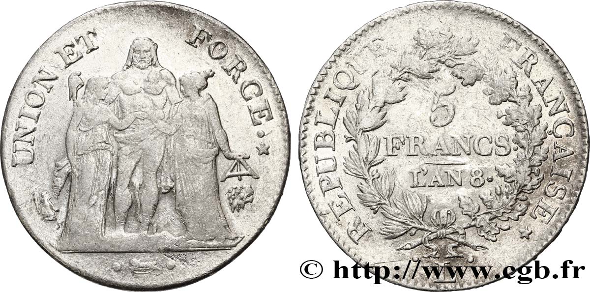 5 francs Union et Force, Union serré, avec glands intérieurs et gland extérieur 1800 Bayonne F.288/142 VF30 