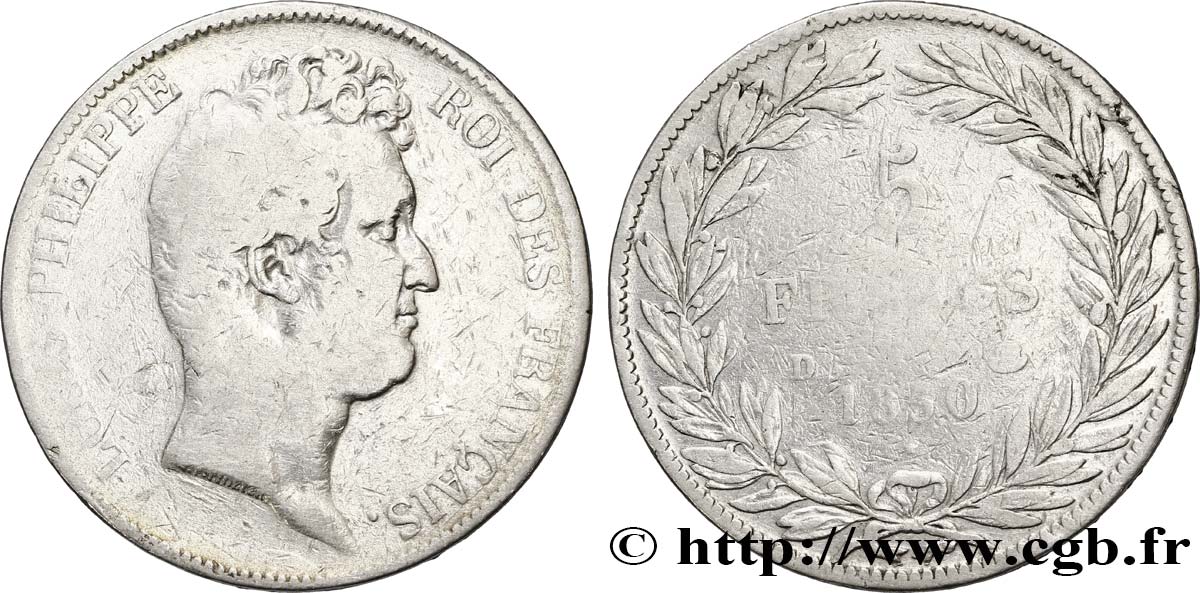 5 francs type Tiolier sans le I, tranche en creux 1830 Lyon F.313/3 RC10 