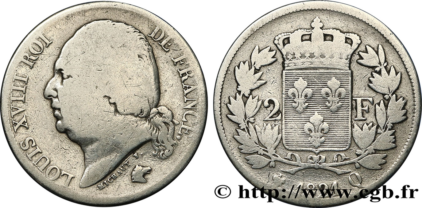 2 francs Louis XVIII 1821 Perpignan F.257/34 VG10 