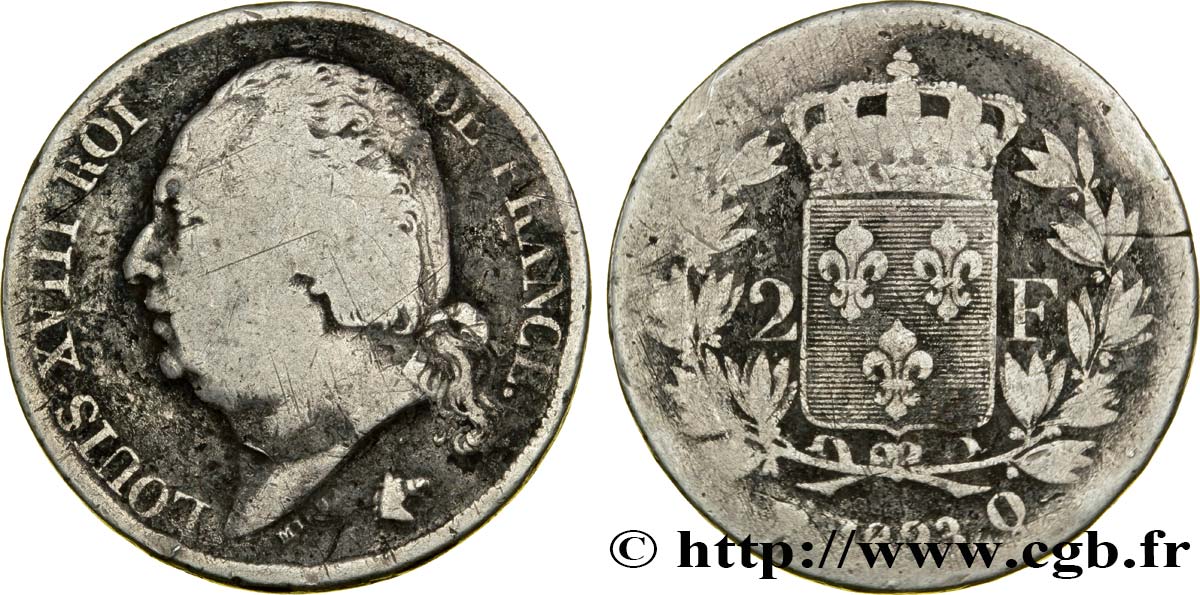 2 francs Louis XVIII 1823 Perpignan F.257/49 B9 