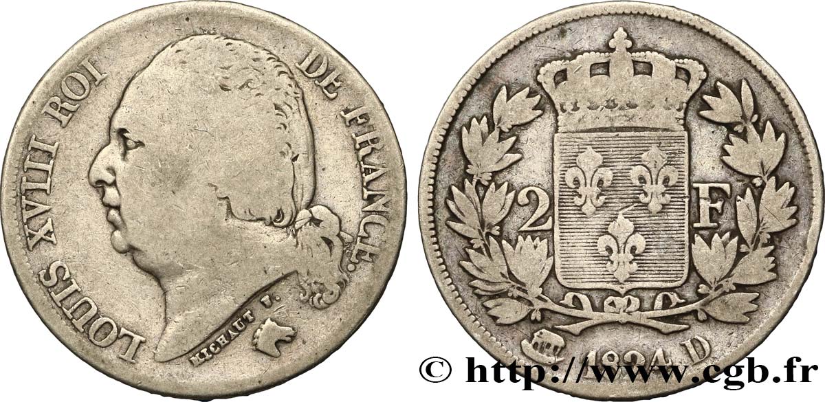 2 francs Louis XVIII 1824 Lyon F.257/53 F15 