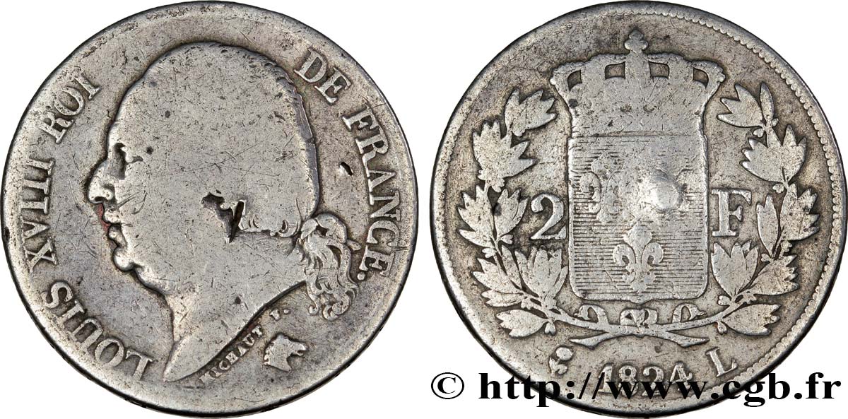 2 francs Louis XVIII 1824 Bayonne F.257/58 B6 