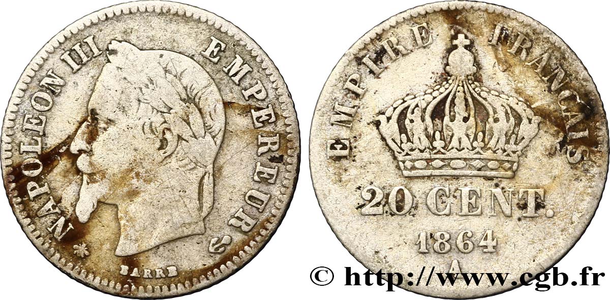 20 centimes Napoléon III, tête laurée, petit module 1864 Paris F.149/1 TB20 
