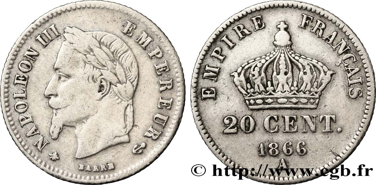 20 centimes Napoléon III, tête laurée, petit module 1866 Paris F.149/4 S35 