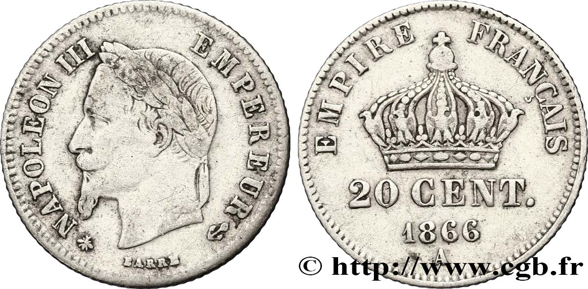 20 centimes Napoléon III, tête laurée, petit module 1866 Paris F.149/4 VF35 