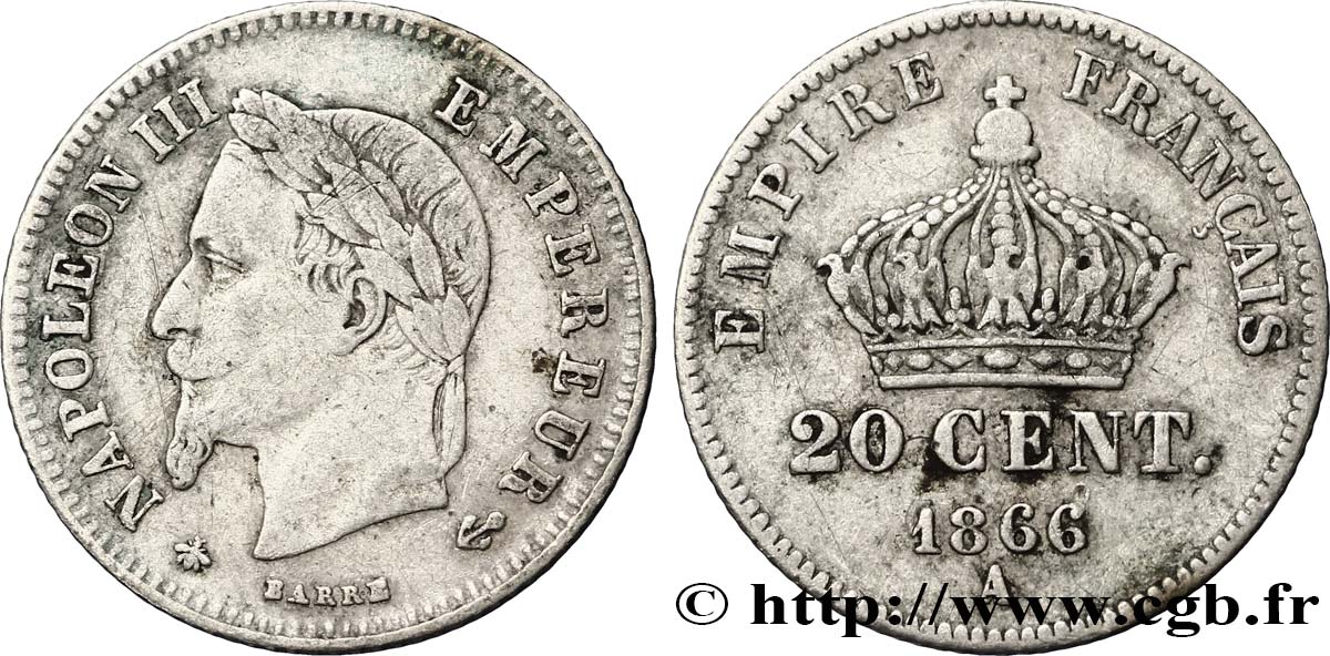 20 centimes Napoléon III, tête laurée, petit module 1866 Paris F.149/4 S35 