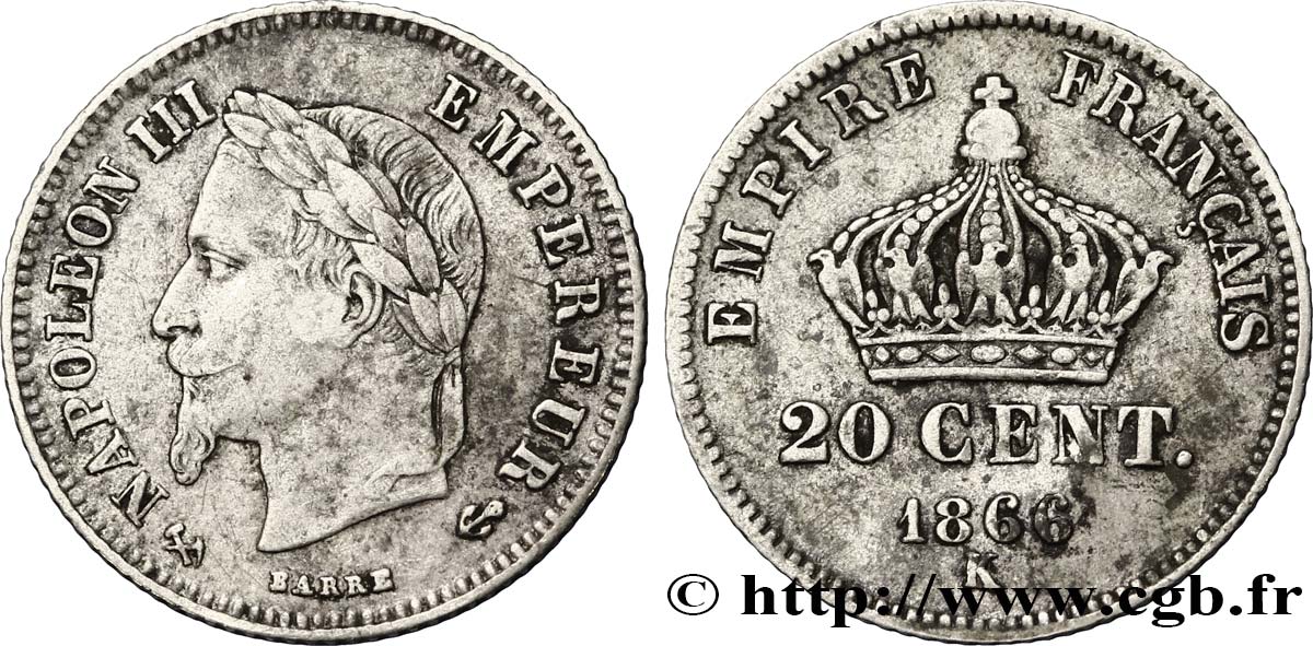 20 centimes Napoléon III, tête laurée, petit module 1866 Bordeaux F.149/6 TB20 