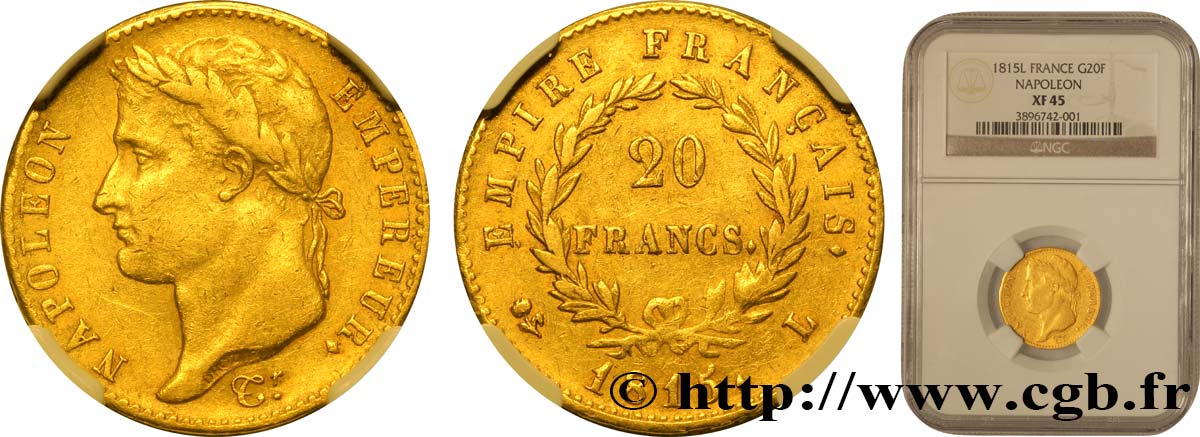 20 francs or Napoléon tête laurée, Cent-Jours - NGC XF 45 1815 Bayonne F.516A/2 MBC45 