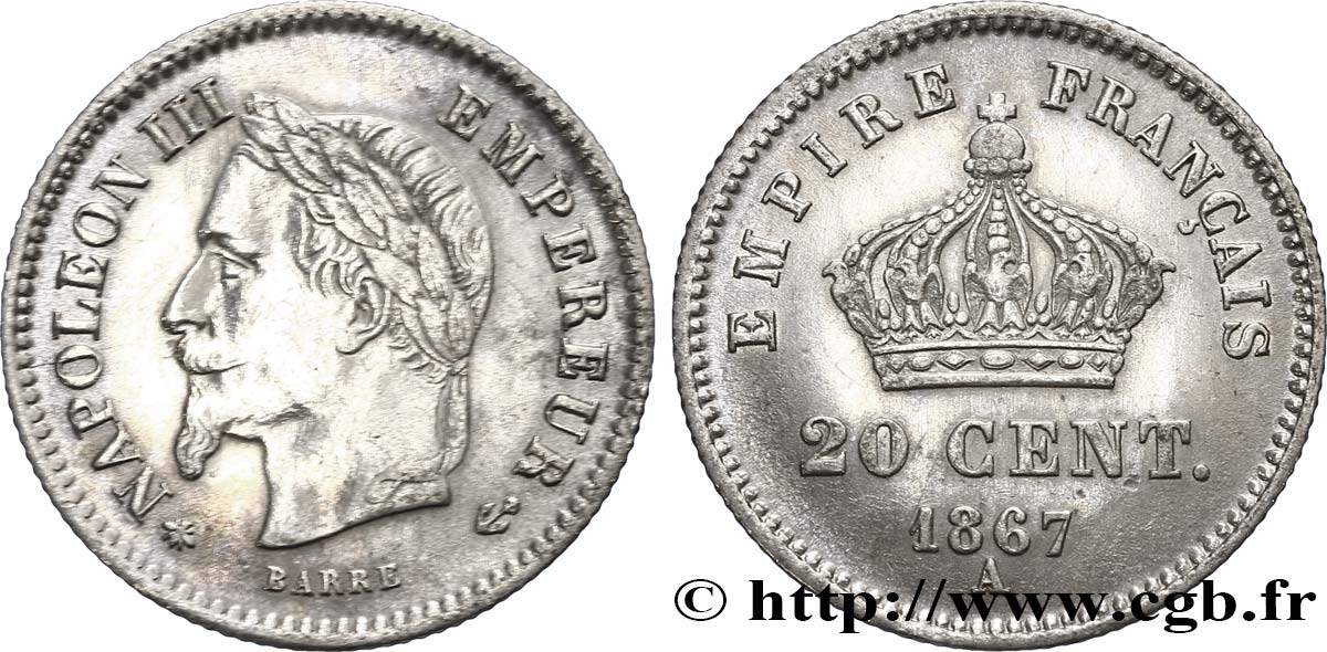 20 centimes Napoléon III, tête laurée, grand module 1867 Paris F.150/1 SS50 