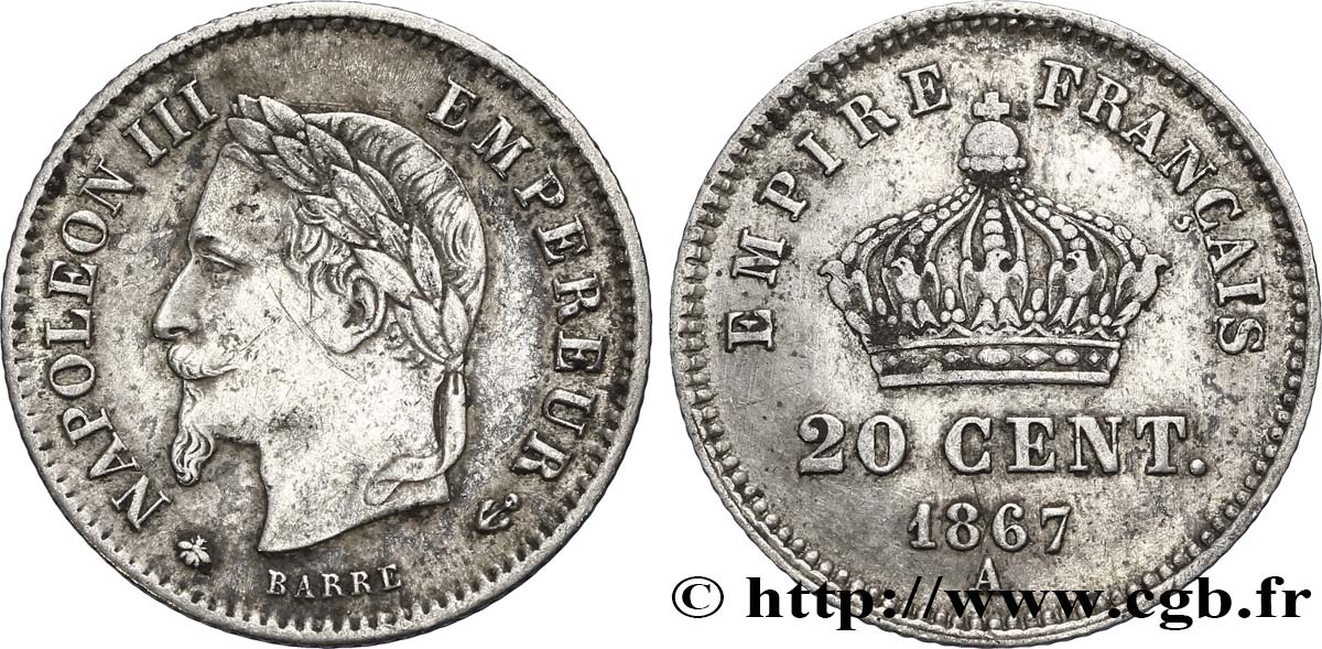 20 centimes Napoléon III, tête laurée, grand module 1867 Paris F.150/1 MBC50 