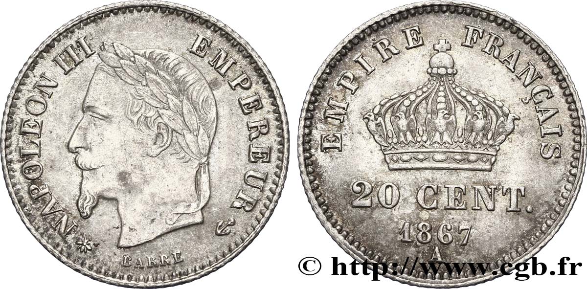 20 centimes Napoléon III, tête laurée, grand module 1867 Paris F.150/1 TTB50 