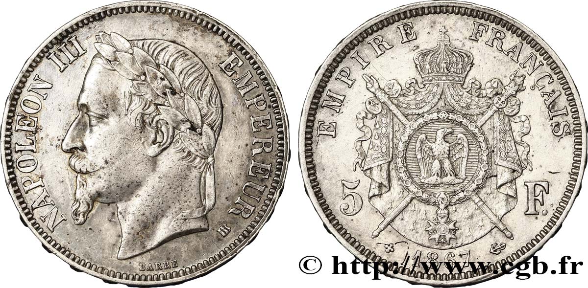 5 francs Napoléon III, tête laurée 1867 Strasbourg F.331/11 AU52 