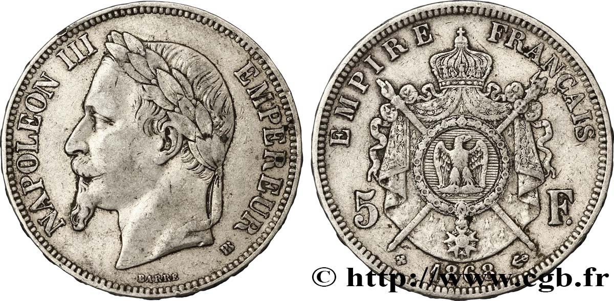 5 francs Napoléon III, tête laurée 1868 Strasbourg F.331/13 MB35 