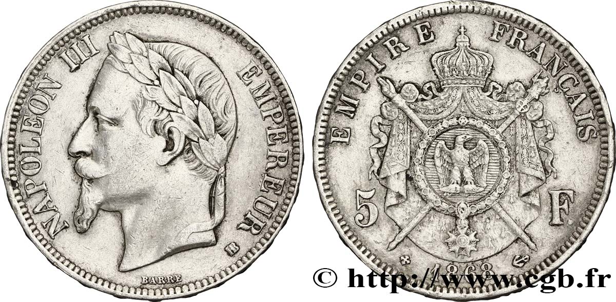 5 francs Napoléon III, tête laurée 1868 Strasbourg F.331/13 TTB50 