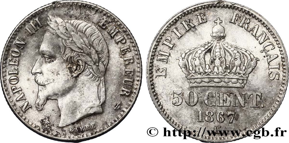 50 centimes Napoléon III, tête laurée 1867 Paris F.188/13 SUP58 