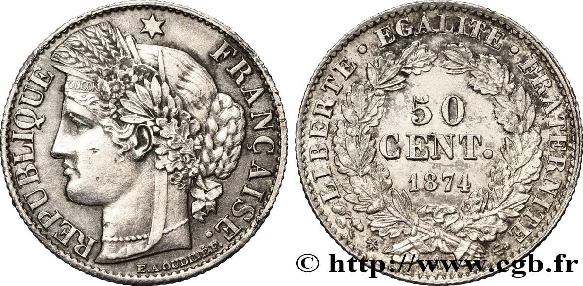50 centimes Cérès, IIIe République 1874 Paris F.189/7 SUP58 