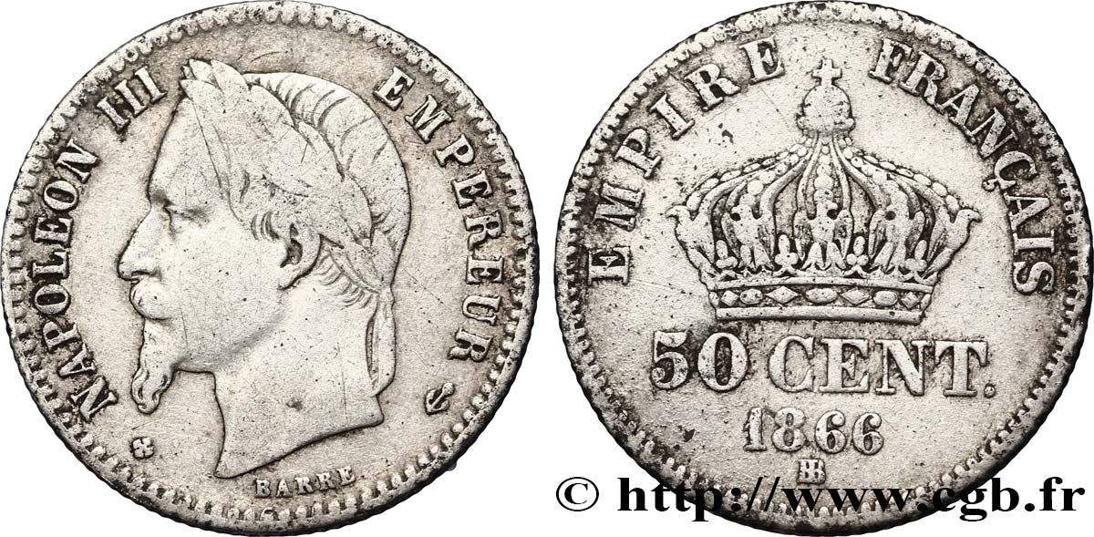 50 centimes Napoléon III, tête laurée 1866 Strasbourg F.188/10 TB20 