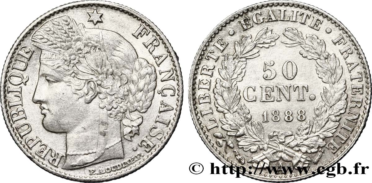 50 centimes Cérès, IIIe République 1888 Paris F.189/13 SS50 